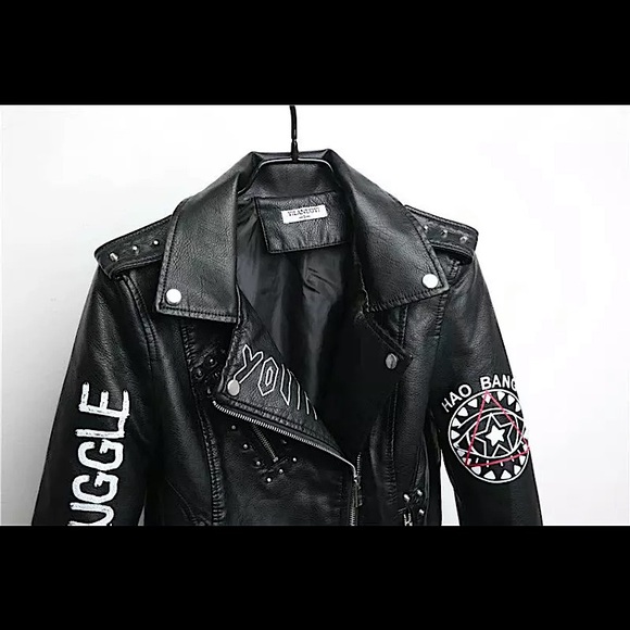 NWOT Black faux leather graffiti studded jacket - Picture 10 of 16